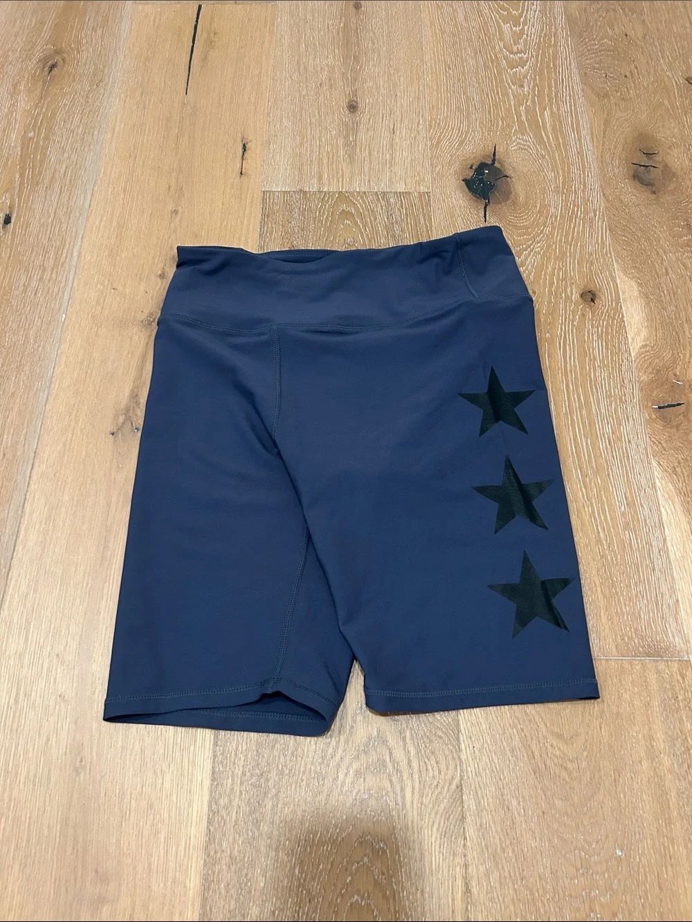 Aqua Navy Athletic Bike Shorts with Black Star Accents, Size Large